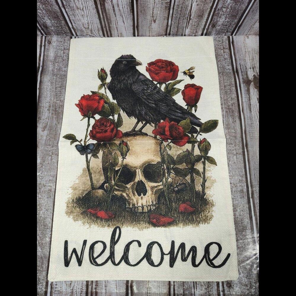 Halloween Black Raven Red Roses Welcome Garden Flag 12 x 18 New Double Sided